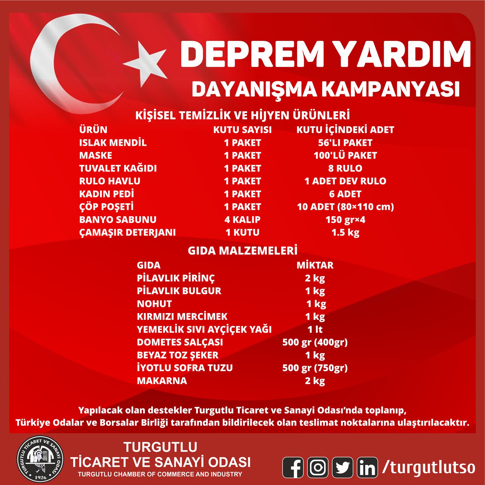 TOBB Asrın Felaketi Yardım Kampanyası İhtiyaç Listesi