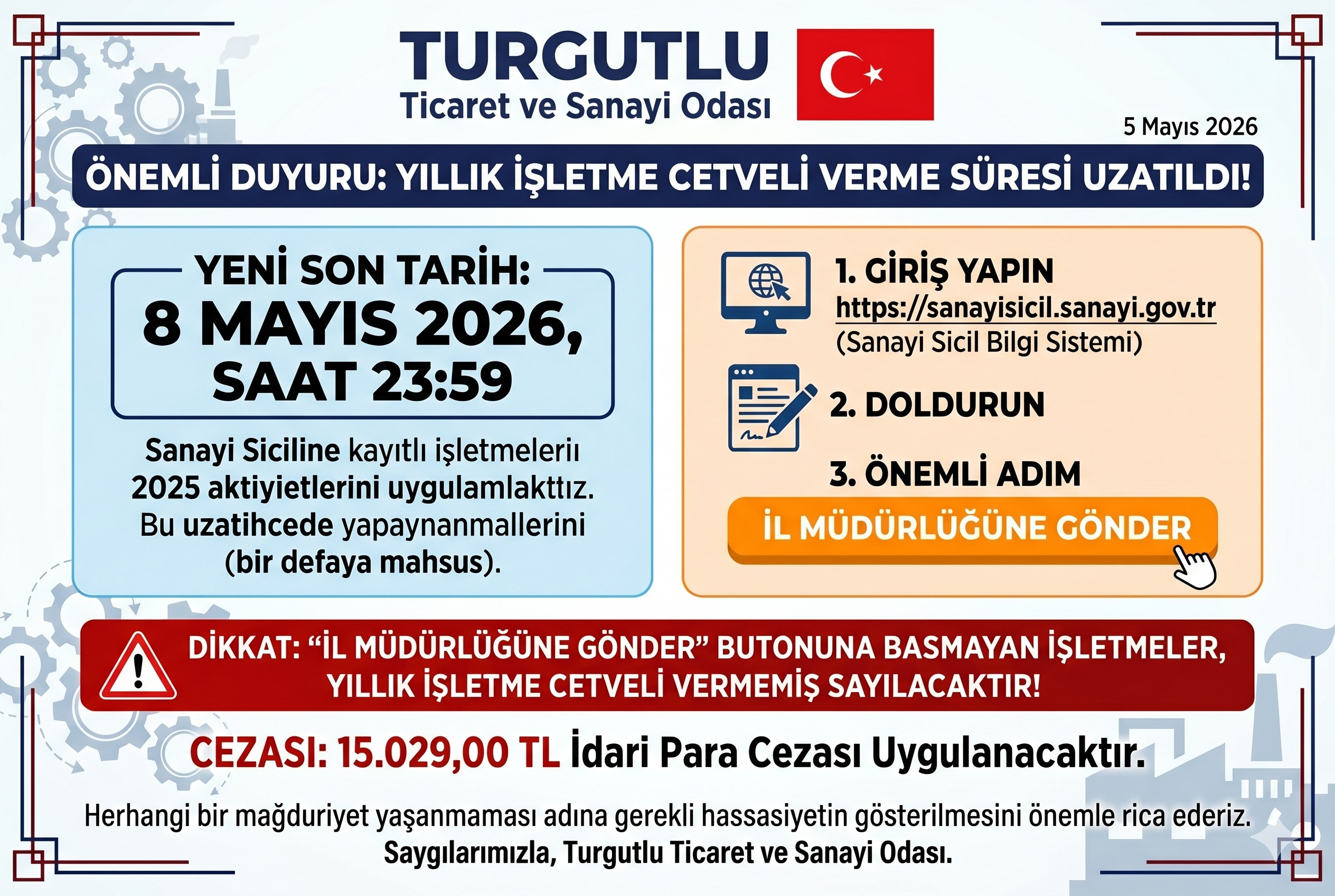 2025 Yılı Yıllık İşletme Cetveli Süre Uzatımı